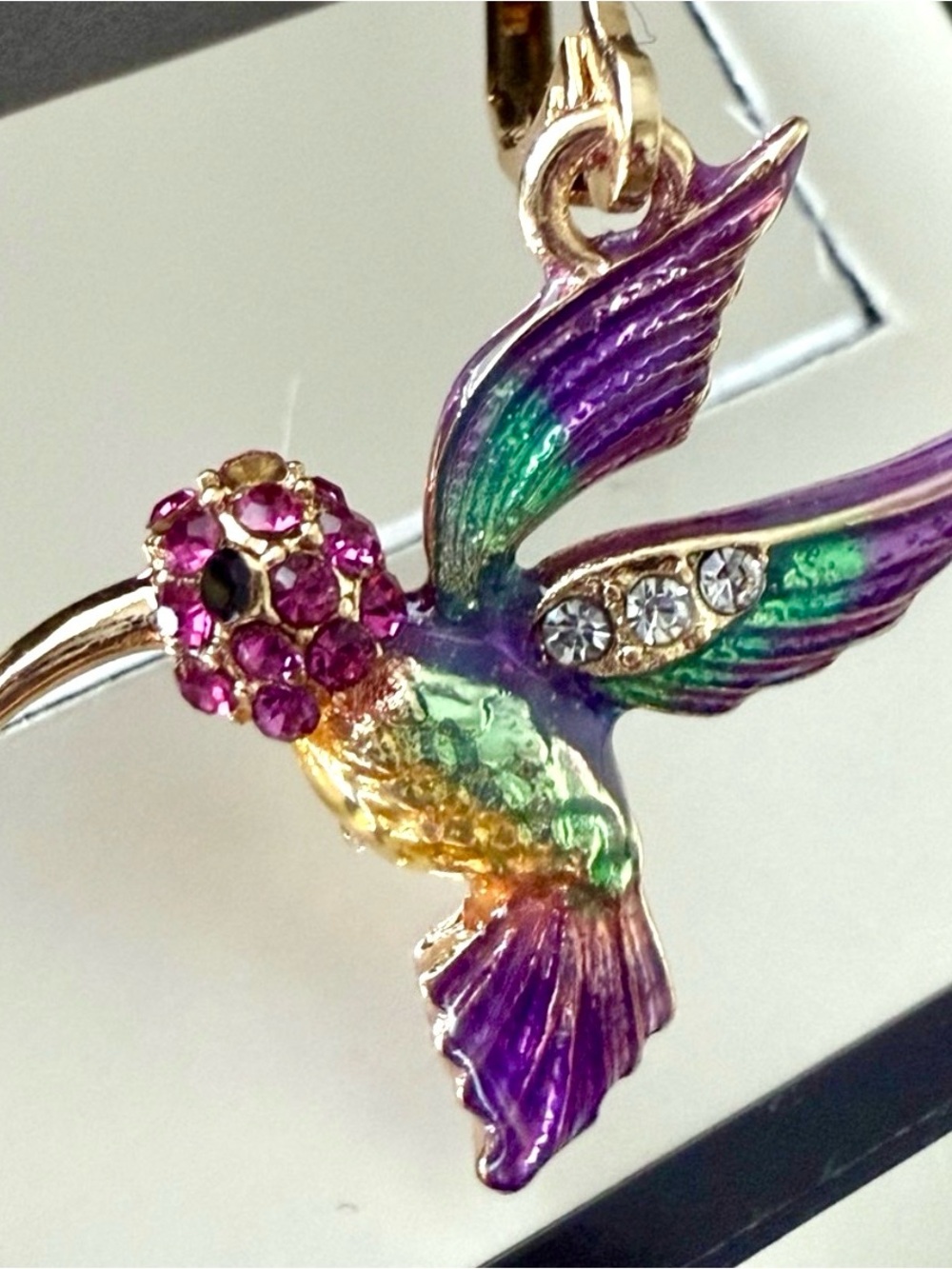 Hummingbird Multicolor Drop Earrings - Vibrant Enamel & Crystal Accent - Picture 4 of 5